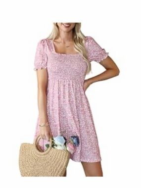 Pink Floral Smocked Bodice Mini Dress
